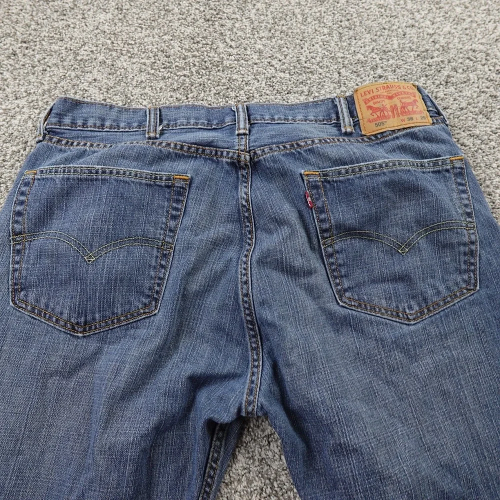 Levis Jeans Mens 38X29 Dark Blue Denim Pants 505  Straight Leg Whiskered Western